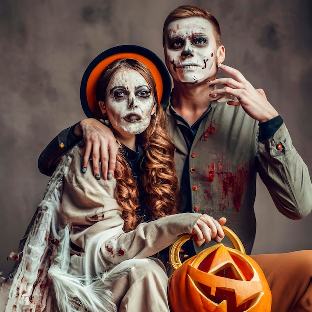 Casal feliz da família halloween em fantasia de halloween e tema sangrento  de maquiagem que o maníaco maluco enfrenta