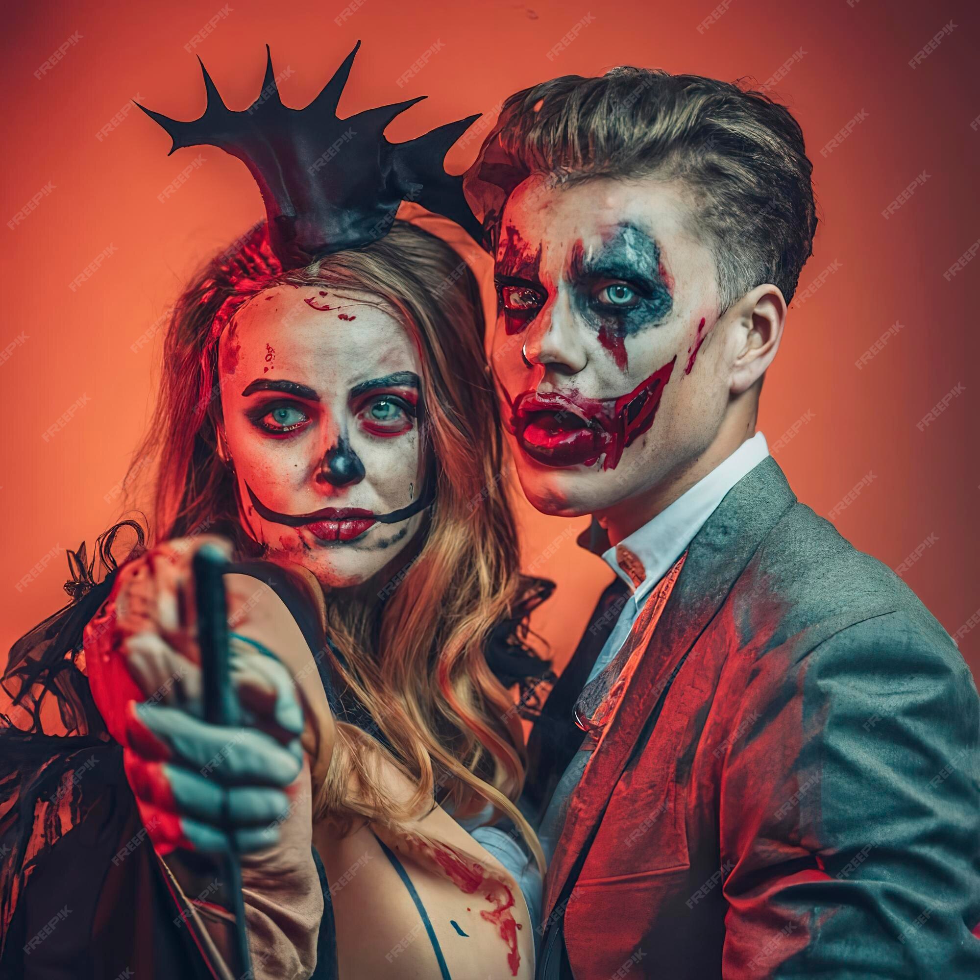 Casal feliz da família halloween em fantasia de halloween e tema sangrento  de maquiagem que o maníaco maluco enfrenta