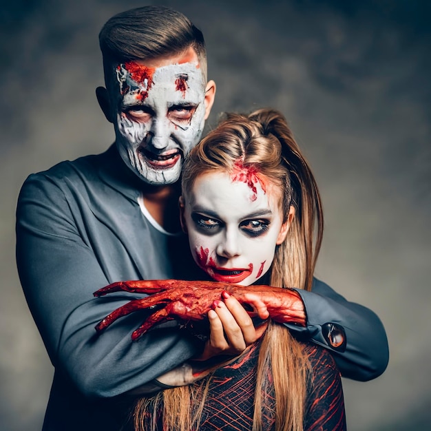 Casal feliz da família halloween em fantasia de halloween e tema sangrento  de maquiagem que o maníaco maluco enfrenta