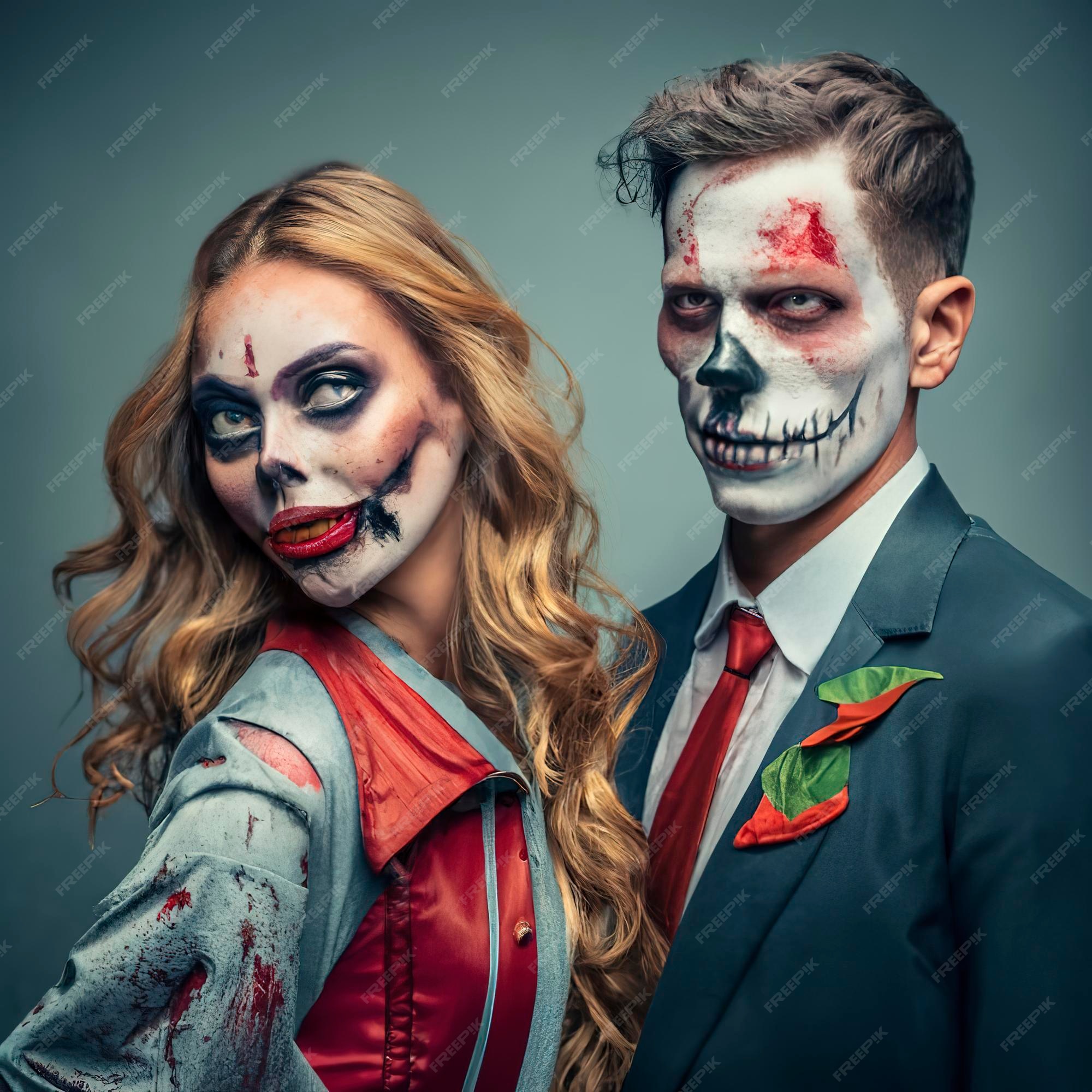 Casal feliz da família halloween em fantasia de halloween e tema sangrento  de maquiagem que o maníaco maluco enfrenta