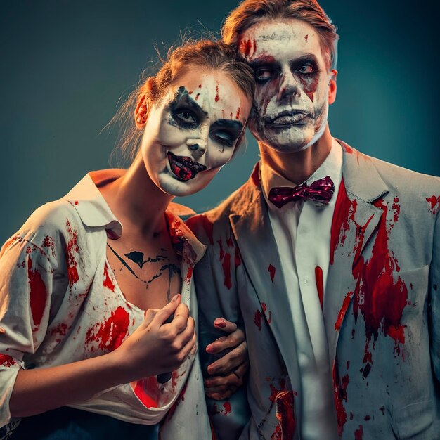 Casal feliz da família Halloween em fantasia de Halloween e tema sangrento de maquiagem que o maníaco maluco enfrenta