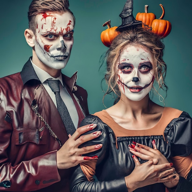 Casal feliz da família halloween em fantasia de halloween e tema sangrento  de maquiagem que o maníaco maluco enfrenta