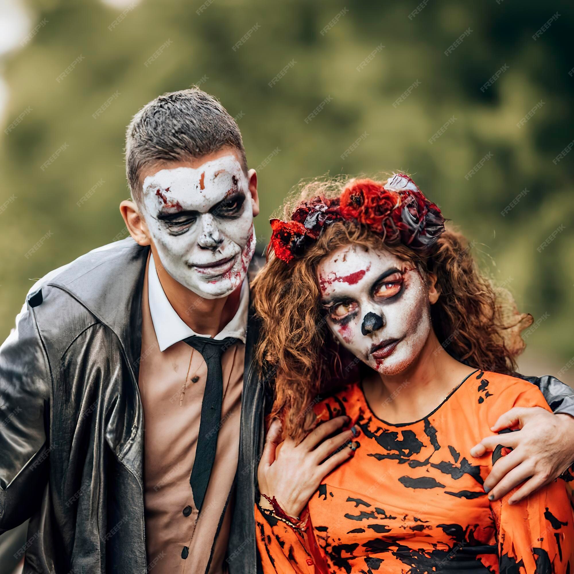 Casal feliz da família halloween em fantasia de halloween e tema sangrento  de maquiagem que o maníaco maluco enfrenta