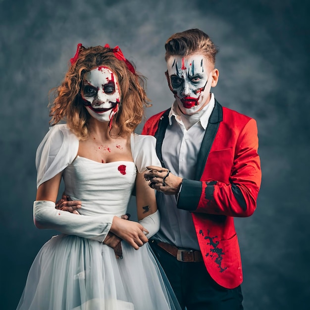 Casal feliz da família halloween em fantasia de halloween e tema sangrento  de maquiagem que o maníaco maluco enfrenta