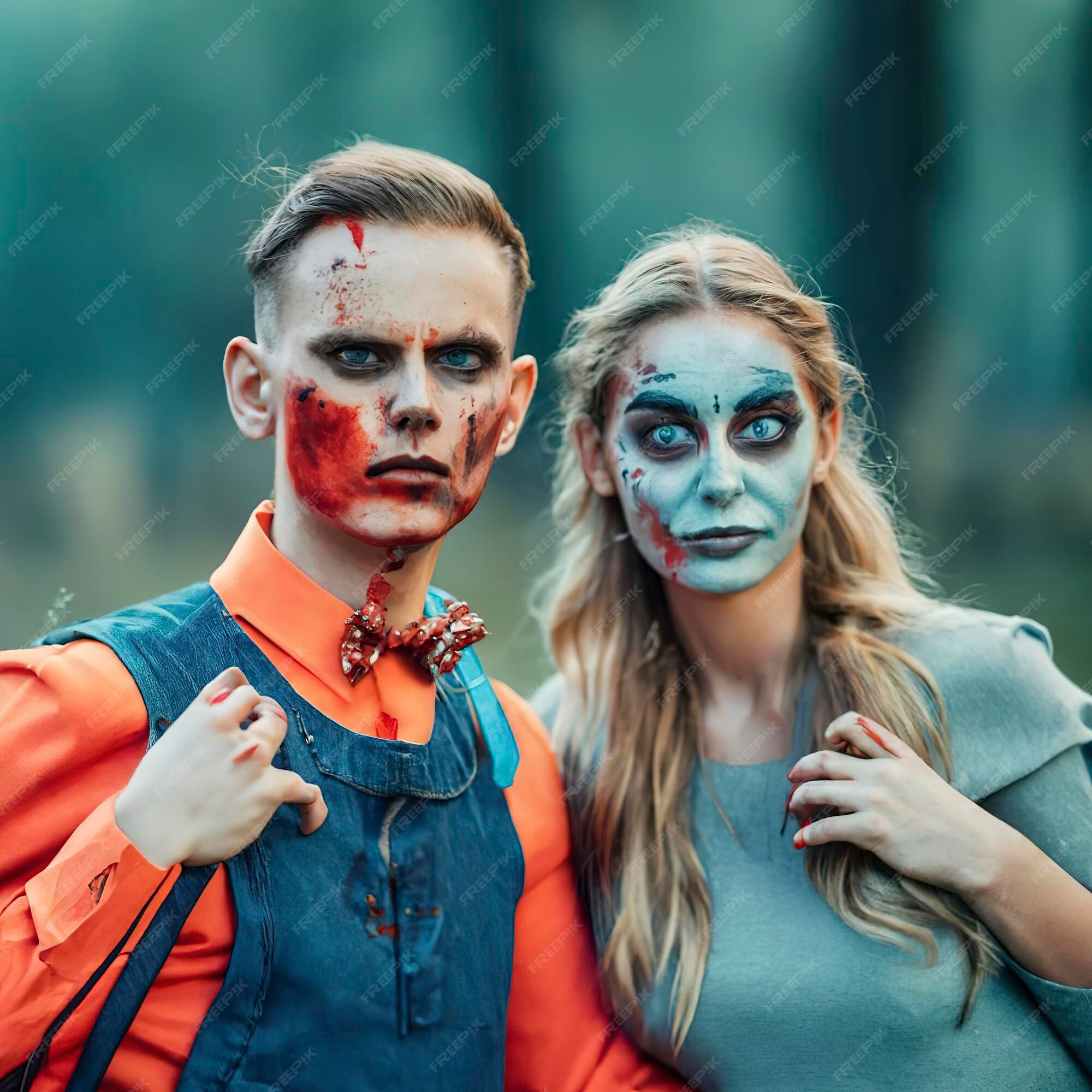 Casal feliz da família halloween em fantasia de halloween e tema sangrento  de maquiagem que o maníaco maluco enfrenta