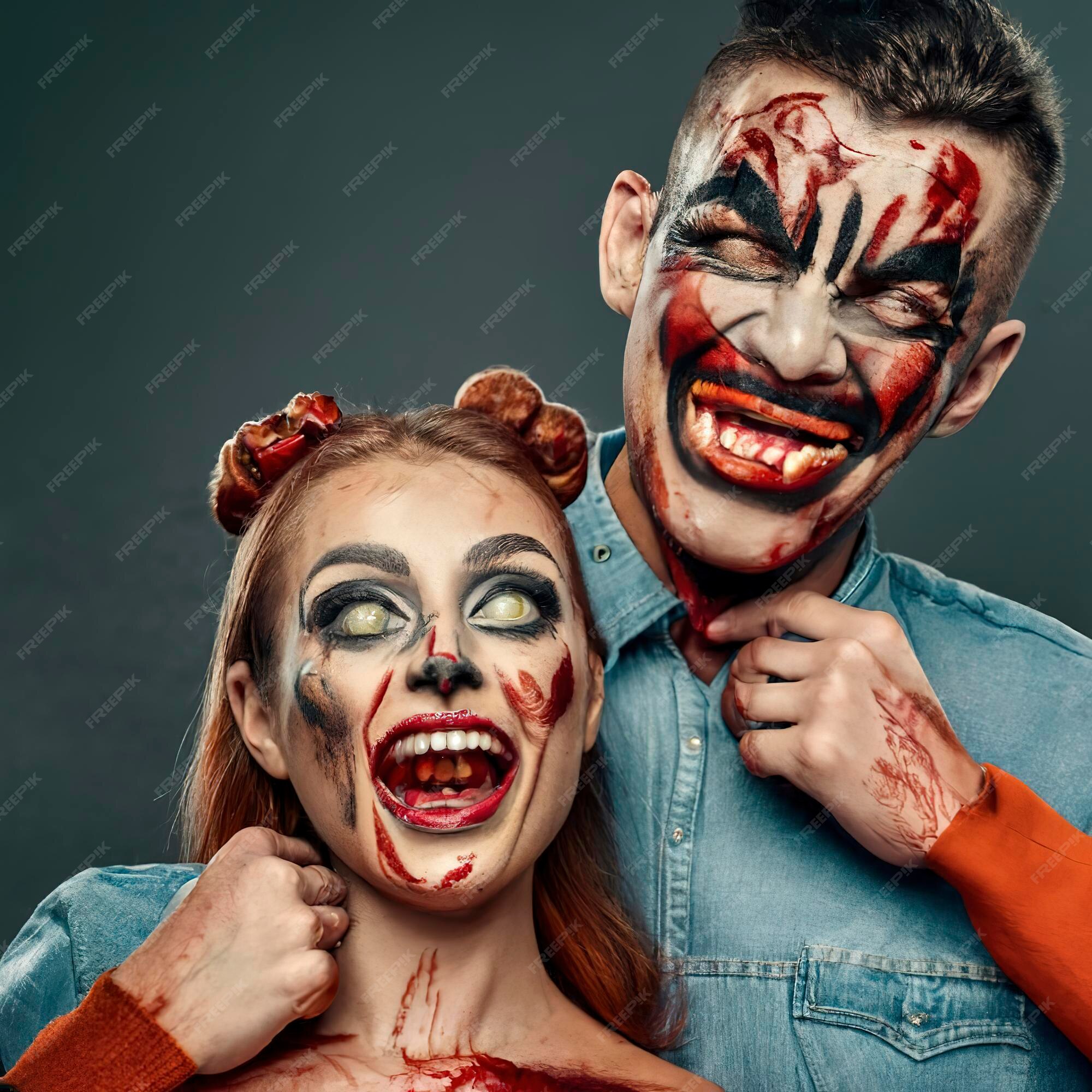 Casal feliz da família halloween em fantasia de halloween e tema sangrento  de maquiagem que o maníaco maluco enfrenta