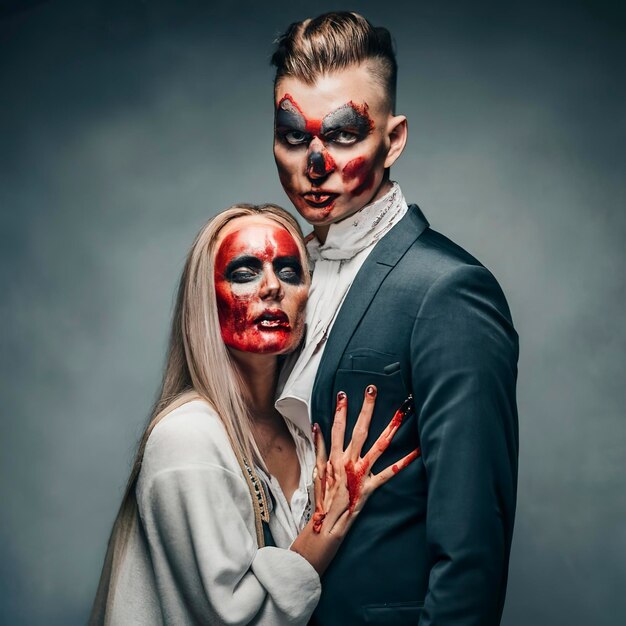 Casal feliz da família halloween em fantasia de halloween e tema sangrento  de maquiagem que o maníaco maluco enfrenta