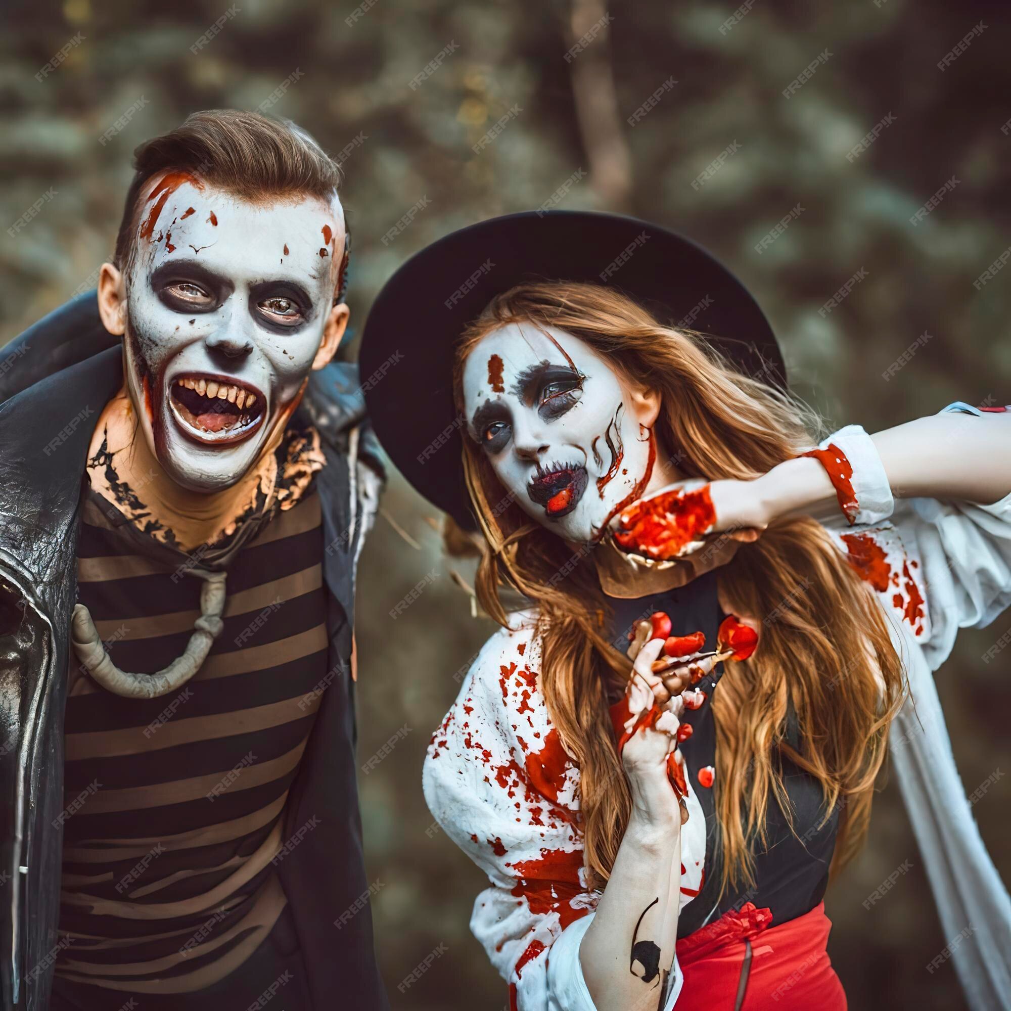 Casal feliz da família halloween em fantasia de halloween e tema sangrento  de maquiagem que o maníaco maluco enfrenta