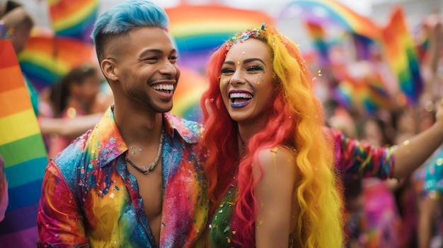 Foto casal feliz dançando no desfile do orgulho gay lgbtq em são paulo mês do orgalho no brasil