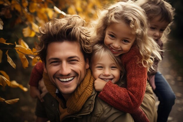 Casal feliz dando às crianças passeios nas costas Ai generativa