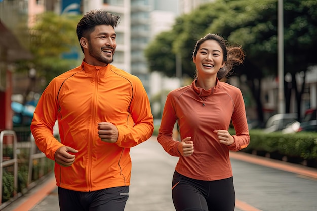 Casal feliz de adultos asiáticos correndo pela manhã