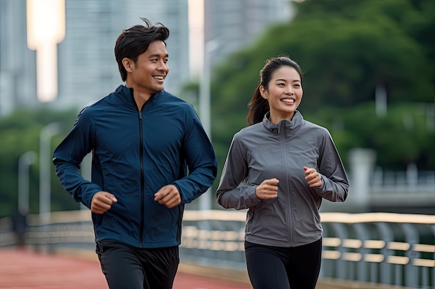 Casal feliz de adultos asiáticos correndo pela manhã