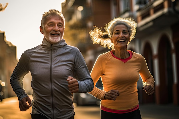 Casal feliz de idosos asiáticos correndo pela manhã Generative Ai