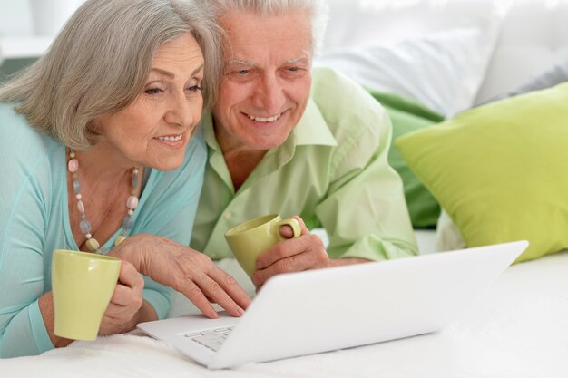 Casal feliz de idosos com laptop em casa