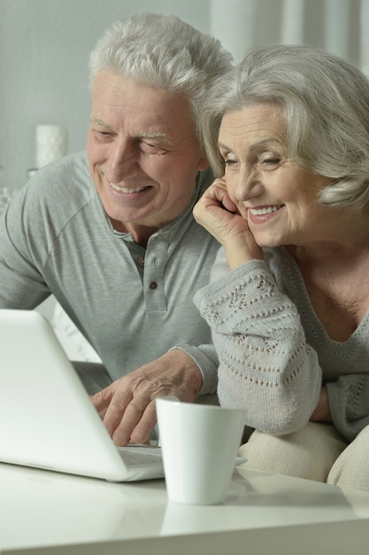 Casal feliz de idosos com laptop em casa