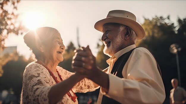 Casal feliz de idosos e mulheres dançando com alegria no parque, dia ensolarado, luz de fundo gerada por IA