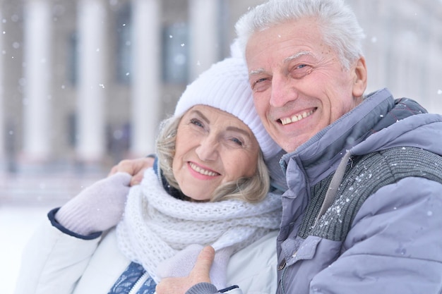 Casal feliz de idosos posando no inverno ao ar livre