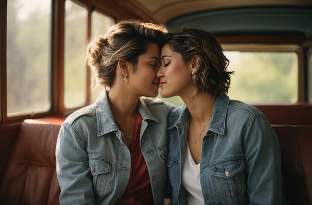 Foto casal feliz de lésbicas gays lgbtq do mesmo sexo mostrando amor e afeição um ao outro