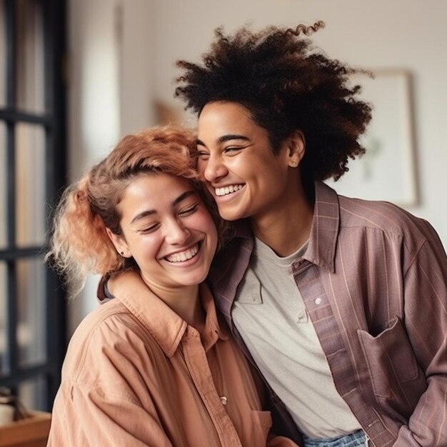 Foto casal feliz de lésbicas lgbtq apaixonados abraçando-se