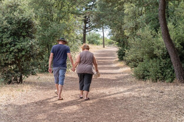 Casal feliz de mãos dadas e andando na floresta Vendee na França