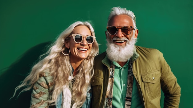 Casal feliz de pessoas maduras em óculos de sol, aproveitando e se divertindo em férias em fundo verde verão Viagens e estilo de vida de viajantes Idade de aposentadoria Generative Ai
