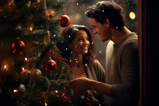 Foto casal feliz decorando árvore de natal pela janela com generative ai