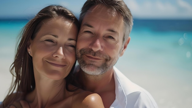 Casal feliz desfrutando de uma fuga à praia tropical retrato íntimo e descontraído à beira-mar perfeito para temas de viagem e romance AI