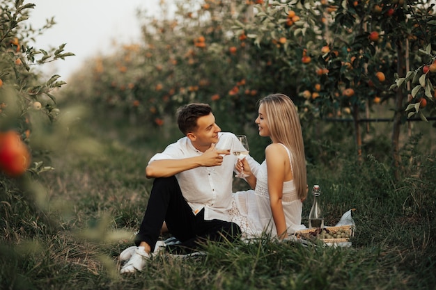 Casal feliz e apaixonado faz um piquenique no pomar de maçãs de verão.