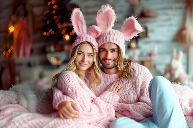 Casal feliz em orelhas de coelho em fundo festivo conceito de Páscoa