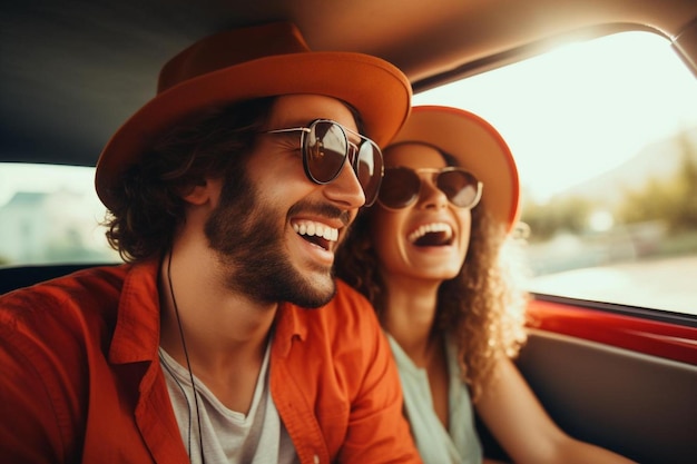 Foto casal feliz em um carro com óculos de sol na cabeça e um homem de óculos escuros.