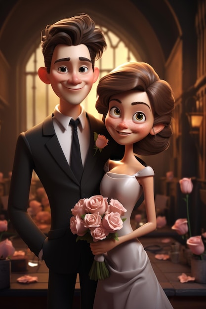 Casal feliz em uma cerimônia de casamento noiva e noivo personagem de desenho animado em estilo 3D