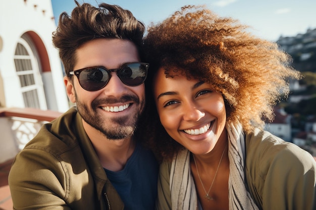 Foto casal feliz fazendo um retrato selfie generativo por ai