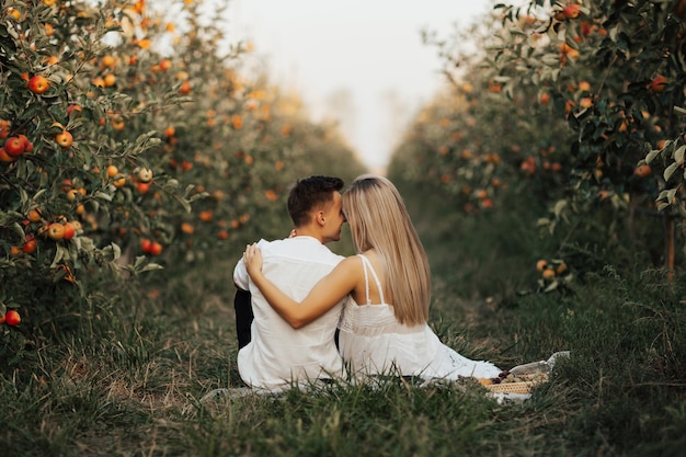 Casal feliz juntos está relaxando e bebendo vinho no piquenique de verão no pomar de maçãs.