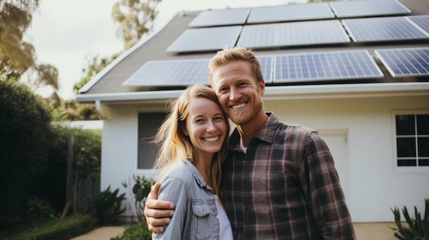 Foto casal feliz na frente de uma casa moderna com painéis solares