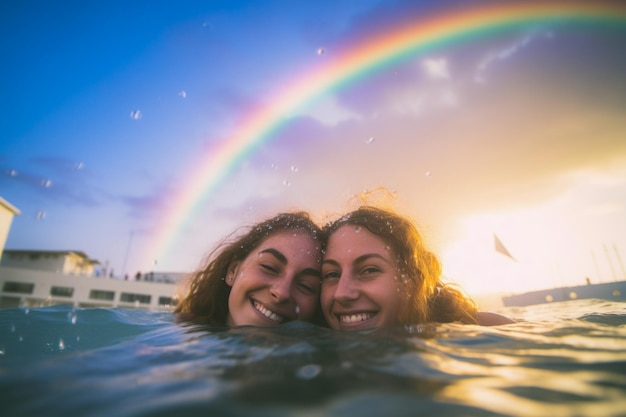 Casal feliz nadando no desfile do orgulho LGBTQ em Tel Aviv Israel Celebração do Mês do Orgulho de Israel