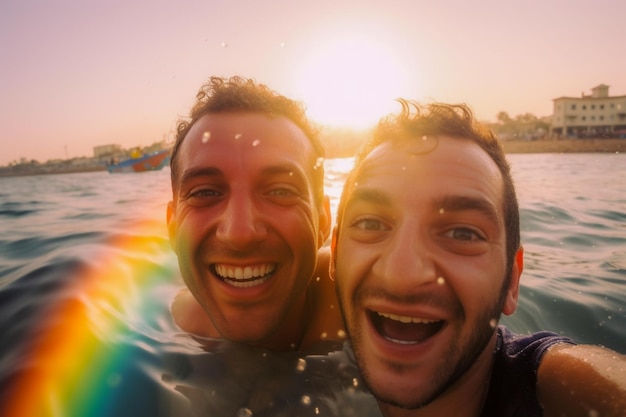 Casal feliz nadando no desfile do orgulho LGBTQ em Tel Aviv Israel Celebração do Mês do Orgulho de Israel