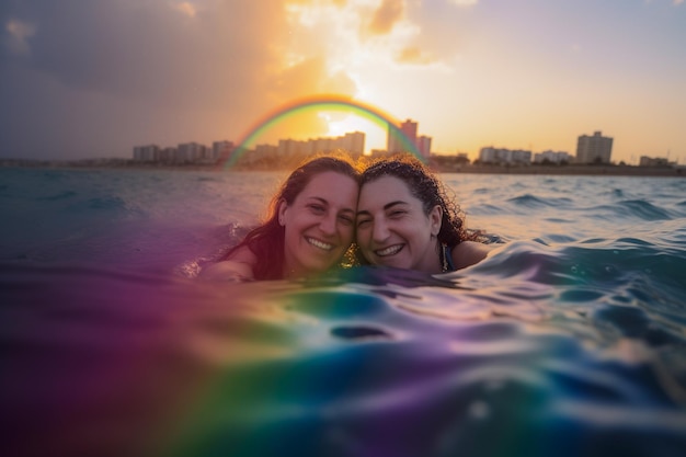 Casal feliz nadando no Desfile do Orgulho LGBTQ em Tel Aviv, Israel