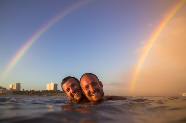 Casal feliz nadando no Desfile do Orgulho LGBTQ em Tel Aviv, Israel