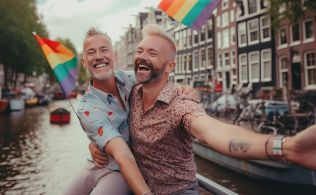Casal feliz no desfile do orgulho LGBTQ em Amsterdã Mês do Orgulho de Amsterdã