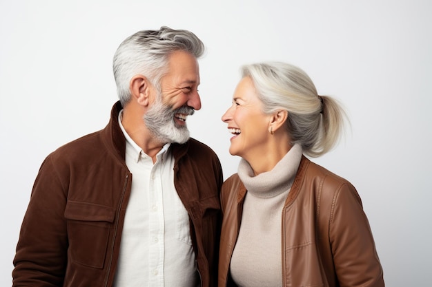 Casal feliz nos seus 60 anos sorrindo olhando um para o outro com fundo branco