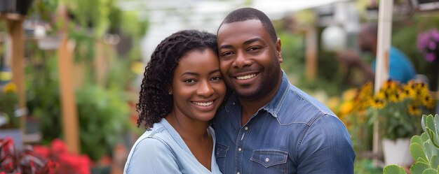 Casal feliz posa ao ar livre em um jardim urbano movimentado conceito jardim urbano sessão fotográfica casal posa retratos ao ar livre pano de fundo vibrante momentos românticos