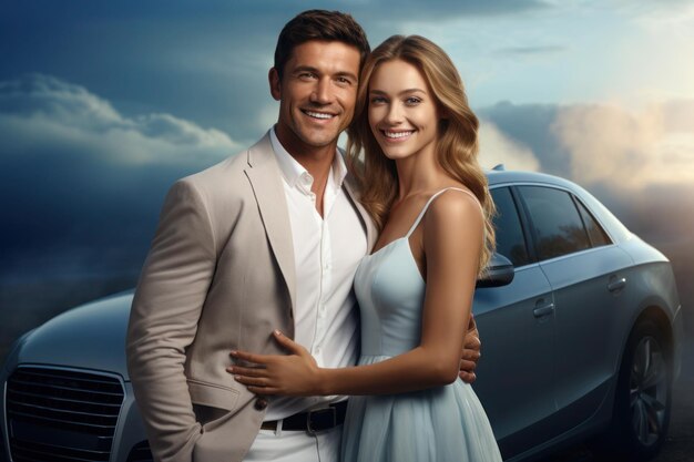 Casal feliz posando orgulhosamente ao lado do carro dos sonhos recentemente adquirido