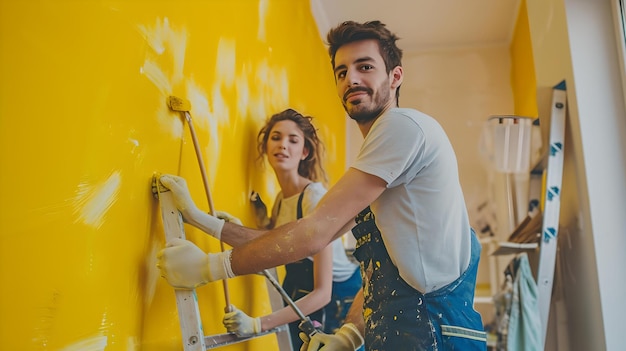 Casal feliz renovando pintura de casa vibrante parede amarela casual e divertida projeto DIY AI