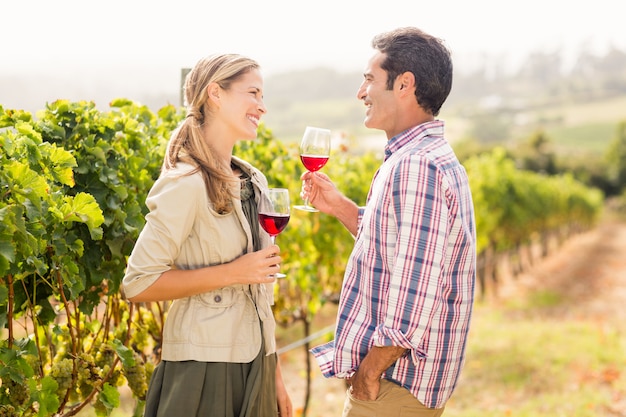 Casal feliz segurando copos de vinho