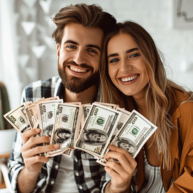 Foto casal feliz segurando um monte de notas de dinheiro de pé