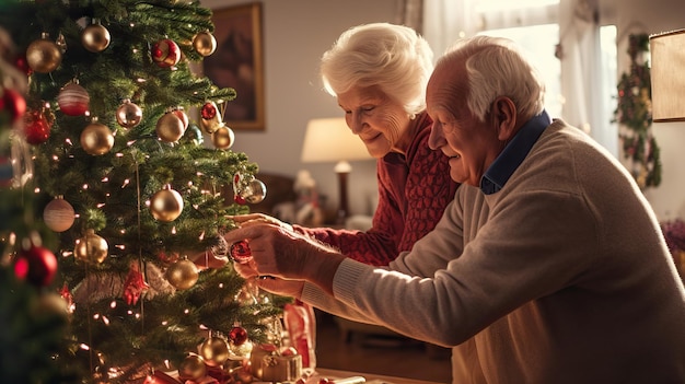 Casal feliz sênior maduro decorando a árvore de Natal em casa celebrando as férias de inverno juntos