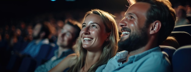 Casal feliz sentado no cinema e assistindo a um filme