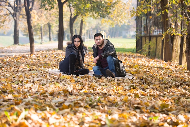 Casal feliz sentados juntos na floresta durante o outono