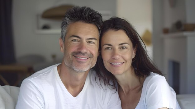 Foto casal feliz sorrindo juntos em um ambiente caseiro aconchegante estilo de vida casual e natural retrato emoções autênticas capturadas ai