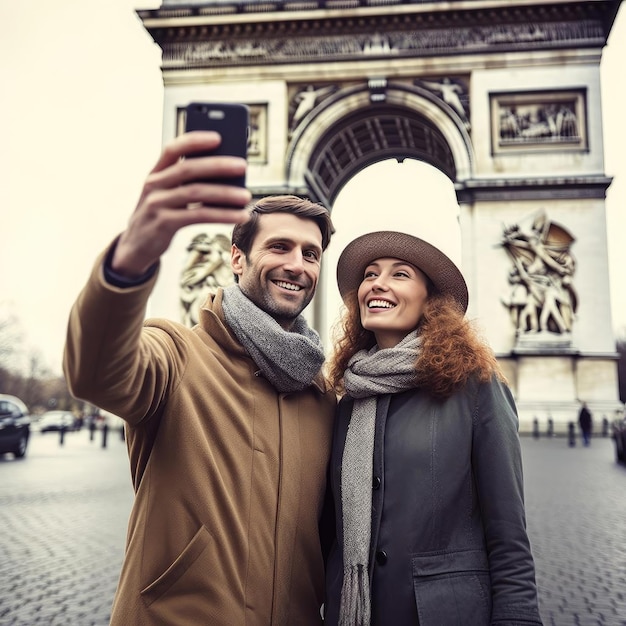 Casal feliz tendo selfie com smartphone